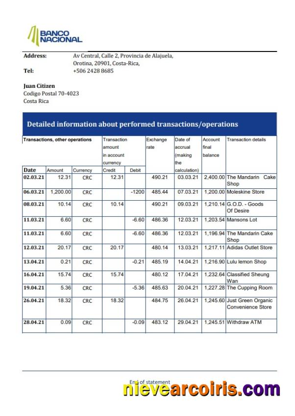 Costa Rica Banco Nacional bank statement easy to fill in .xls and .pdf file format